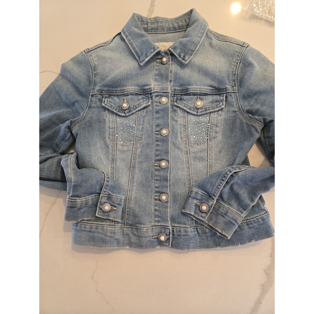 Jessica Simpson S Rhinestone & Pearl Denim Womens Bling Jean Jacket Y2K Style
